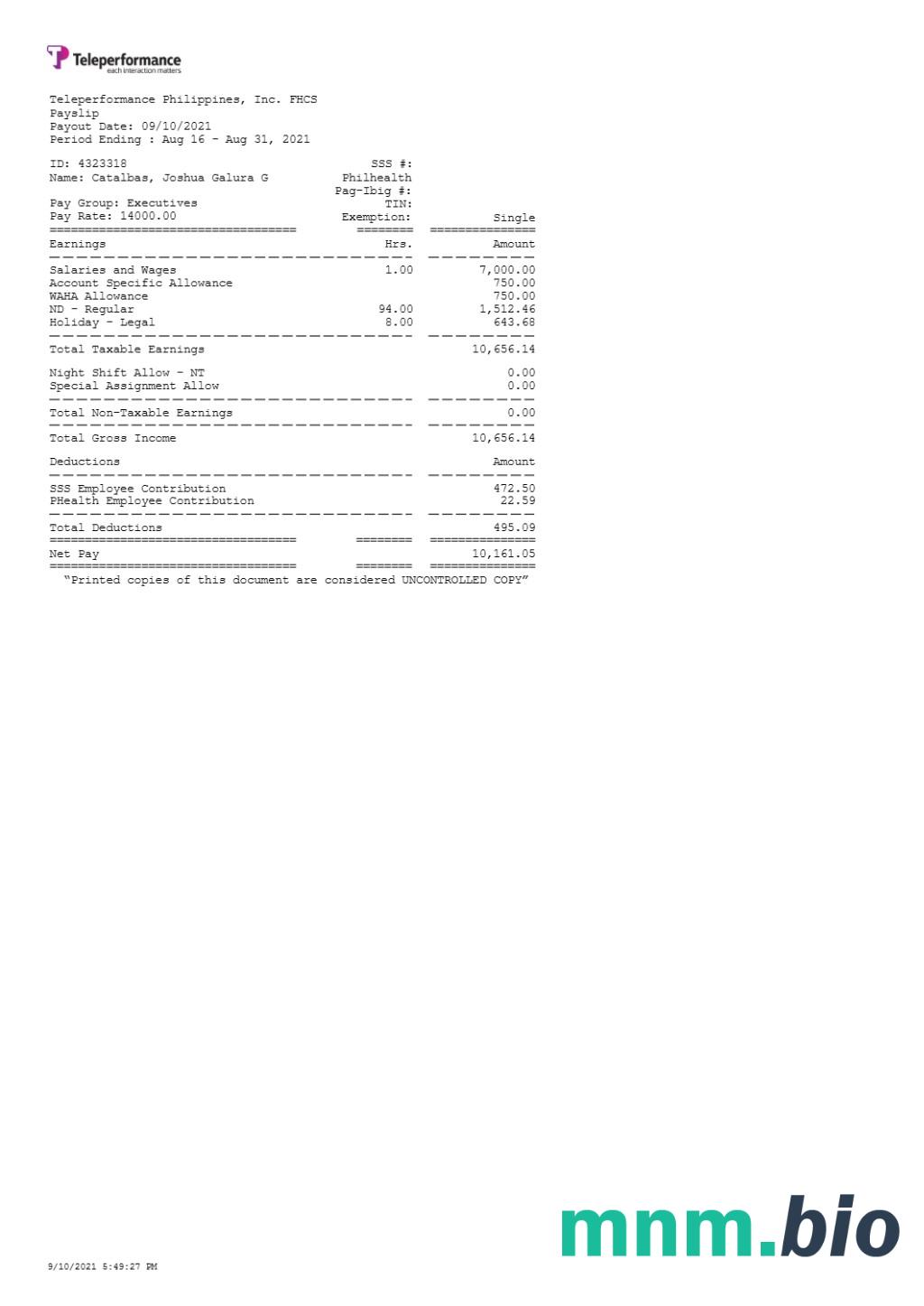Szablon payslip Teleperformance Filipiny w formatach Word i PDF